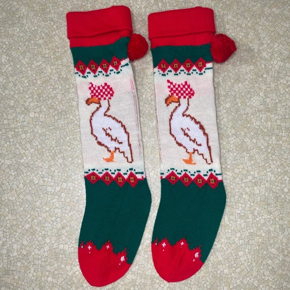 Vintage Knit Christmas Stocking Goose '80s Long Skinny Stretchy Green White Red - Picture 1 of 5